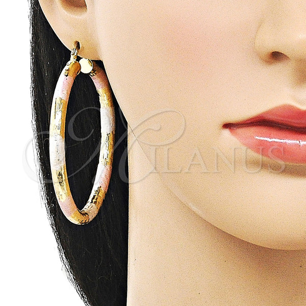 Gold Filled Hoop Earrings — Large Hoop Hollow Design Diamond Cutting Tricolor 02. — alternate product view — SKU 159398 | Oro Laminado aretes de aro — Large Hoop Hollow diseño Diamond Cutting Tricolor 02. — SKU 159398