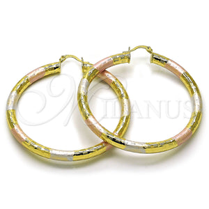 Gold Filled Hoop Earrings — Large Hoop Hollow Design Diamond Cutting Tricolor 02. — main product view — SKU 159398 | Oro Laminado aretes de aro — Large Hoop Hollow diseño Diamond Cutting Tricolor 02. — SKU 159398