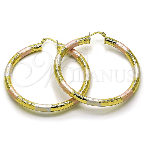 Gold Filled Hoop Earrings — Large Hoop Hollow Design Diamond Cutting Tricolor 02. — main product view — SKU 159398 | Oro Laminado aretes de aro — Large Hoop Hollow diseño Diamond Cutting Tricolor 02. — SKU 159398