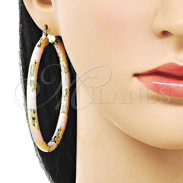 Gold Filled Hoop Earrings — Extra Large Hoop Hollow Design Diamond Cutting Tricolor — alternate product view — SKU 159399 | Oro Laminado aretes de aro — Extra Large Hoop Hollow diseño Diamond Cutting Tricolor — SKU 159399