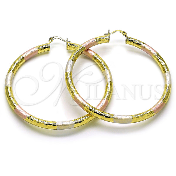 Gold Filled Hoop Earrings — Extra Large Hoop Hollow Design Diamond Cutting Tricolor — main product view — SKU 159399 | Oro Laminado aretes de aro — Extra Large Hoop Hollow diseño Diamond Cutting Tricolor — SKU 159399