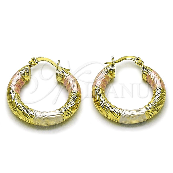 Oro Laminado Small Hoop, Gold Filled Style Hollow Design, Diamond Cutting Finish, Tricolor, 02.170.0310.1.25