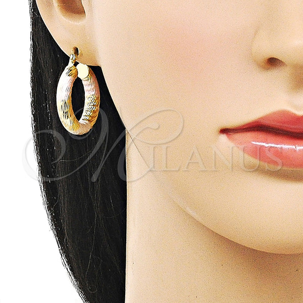 Gold Filled Hoop Earrings — Small Hoop Hollow Design Diamond Cutting Tricolor 02. — alternate product view — SKU 159400 | Oro Laminado aretes de aro — aro pequeño Hollow diseño Diamond Cutting Tricolor 02. — SKU 159400