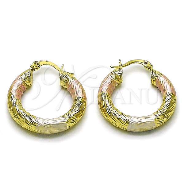 Gold Filled Hoop Earrings — Small Hoop Hollow Design Diamond Cutting Tricolor 02. — main product view — SKU 159400 | Oro Laminado aretes de aro — aro pequeño Hollow diseño Diamond Cutting Tricolor 02. — SKU 159400