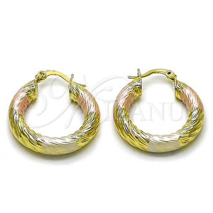Gold Filled Hoop Earrings — Small Hoop Hollow Design Diamond Cutting Tricolor 02. — main product view — SKU 159400 | Oro Laminado aretes de aro — aro pequeño Hollow diseño Diamond Cutting Tricolor 02. — SKU 159400