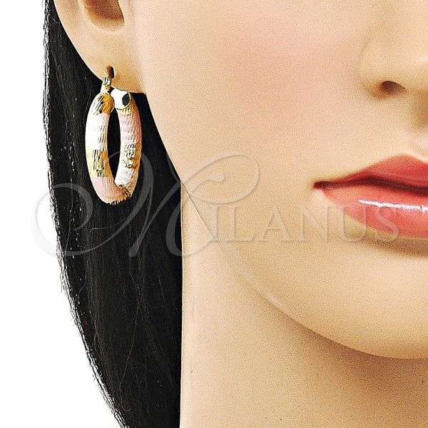 Gold Filled Hoop Earrings — Medium Hoop Hollow Design Diamond Cutting Tricolor 02. — alternate product view — SKU 159401 | Oro Laminado aretes de aro — Medium Hoop Hollow diseño Diamond Cutting Tricolor 02. — SKU 159401