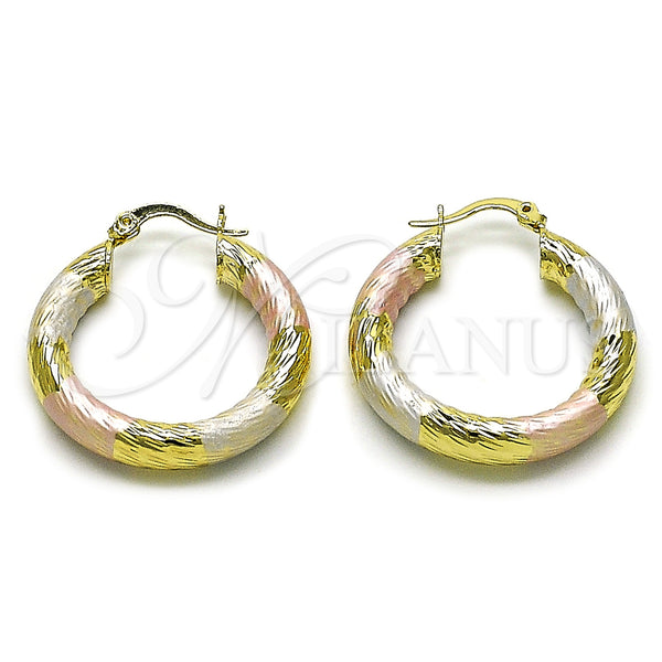Gold Filled Hoop Earrings — Medium Hoop Hollow Design Diamond Cutting Tricolor 02. — main product view — SKU 159401 | Oro Laminado aretes de aro — Medium Hoop Hollow diseño Diamond Cutting Tricolor 02. — SKU 159401