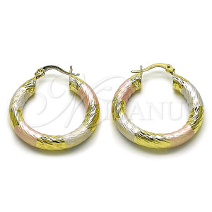 Gold Filled Hoop Earrings — Medium Hoop Hollow Design Diamond Cutting Tricolor 02. — main product view — SKU 159401 | Oro Laminado aretes de aro — Medium Hoop Hollow diseño Diamond Cutting Tricolor 02. — SKU 159401