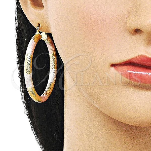 Gold Filled Hoop Earrings — Large Hoop Hollow Design Diamond Cutting Tricolor 02. — alternate product view — SKU 159403 | Oro Laminado aretes de aro — Large Hoop Hollow diseño Diamond Cutting Tricolor 02. — SKU 159403