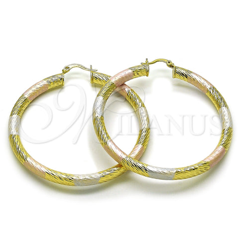 Oro Laminado Large Hoop, Gold Filled Style Hollow Design, Diamond Cutting Finish, Tricolor, 02.170.0310.1.60