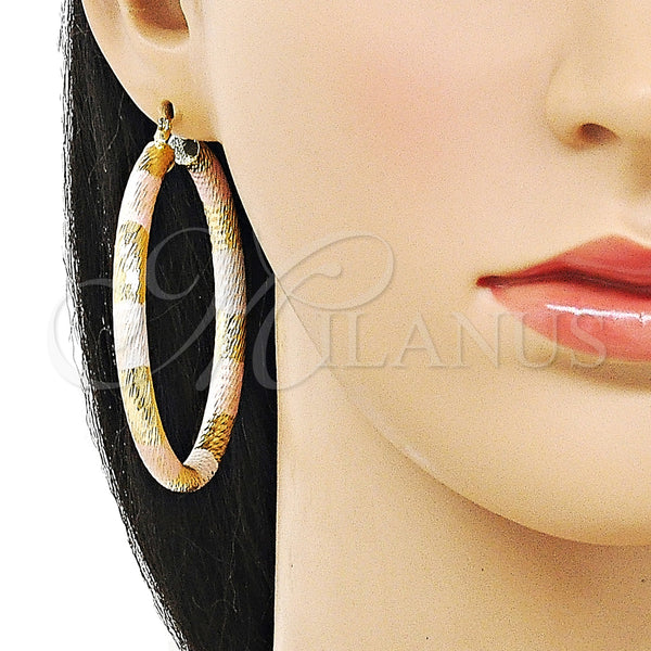 Gold Filled Hoop Earrings — Large Hoop Hollow Design Diamond Cutting Tricolor 02. — alternate product view — SKU 159404 | Oro Laminado aretes de aro — Large Hoop Hollow diseño Diamond Cutting Tricolor 02. — SKU 159404