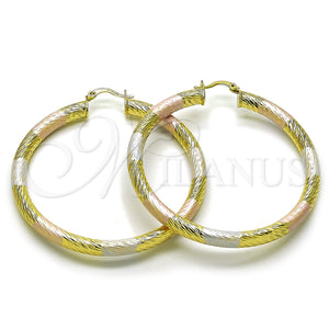 Gold Filled Hoop Earrings — Large Hoop Hollow Design Diamond Cutting Tricolor 02. — main product view — SKU 159404 | Oro Laminado aretes de aro — Large Hoop Hollow diseño Diamond Cutting Tricolor 02. — SKU 159404