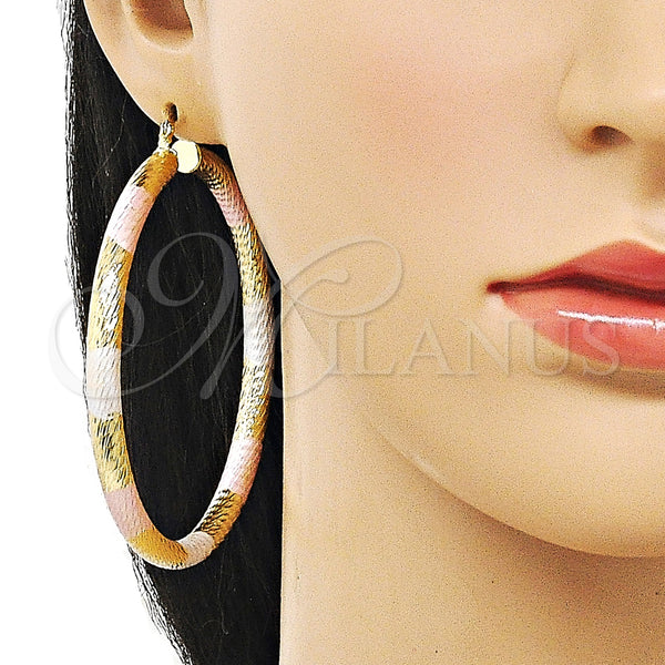 Gold Filled Hoop Earrings — Extra Large Hoop Hollow Design Diamond Cutting Tricolor — alternate product view — SKU 159405 | Oro Laminado aretes de aro — Extra Large Hoop Hollow diseño Diamond Cutting Tricolor — SKU 159405