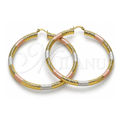 Oro Laminado Extra Large Hoop, Gold Filled Style Hollow Design, Diamond Cutting Finish, Tricolor, 02.170.0310.1.70