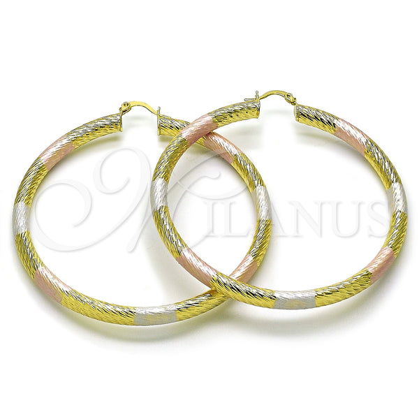 Gold Filled Hoop Earrings — Extra Large Hoop Hollow Design Diamond Cutting Tricolor — main product view — SKU 159405 | Oro Laminado aretes de aro — Extra Large Hoop Hollow diseño Diamond Cutting Tricolor — SKU 159405