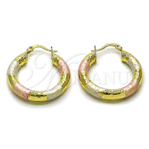 Gold Filled Hoop Earrings — Medium Hoop Hollow Design Diamond Cutting Tricolor 02. — main product view — SKU 159406 | Oro Laminado aretes de aro — Medium Hoop Hollow diseño Diamond Cutting Tricolor 02. — SKU 159406