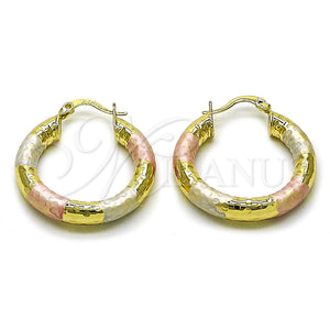 Gold Filled Hoop Earrings — Medium Hoop Hollow Design Diamond Cutting Tricolor 02. — main product view — SKU 159406 | Oro Laminado aretes de aro — Medium Hoop Hollow diseño Diamond Cutting Tricolor 02. — SKU 159406