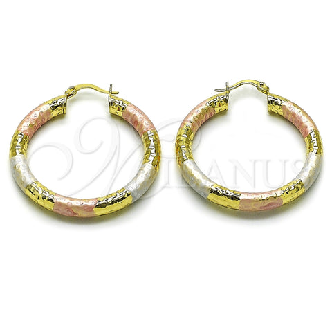 Oro Laminado Medium Hoop, Gold Filled Style Hollow Design, Diamond Cutting Finish, Tricolor, 02.213.0813.40