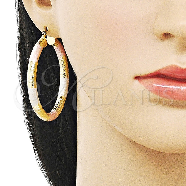 Gold Filled Hoop Earrings — Large Hoop Hollow Design Diamond Cutting Tricolor 02. — alternate product view — SKU 159408 | Oro Laminado aretes de aro — Large Hoop Hollow diseño Diamond Cutting Tricolor 02. — SKU 159408