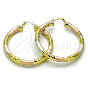 Gold Filled Hoop Earrings — Large Hoop Hollow Design Diamond Cutting Tricolor 02. — main product view — SKU 159408 | Oro Laminado aretes de aro — Large Hoop Hollow diseño Diamond Cutting Tricolor 02. — SKU 159408