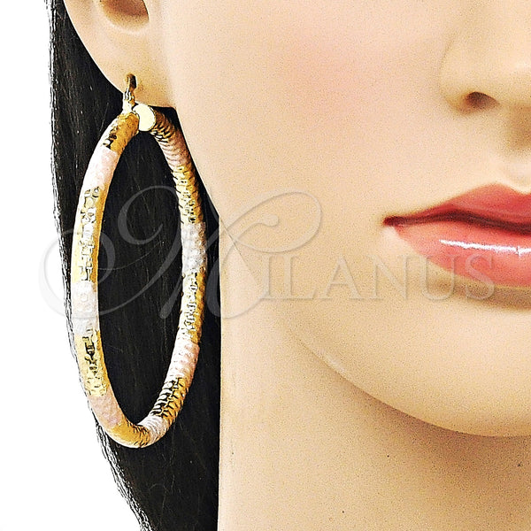 Gold Filled Hoop Earrings — Extra Large Hoop Hollow Design Diamond Cutting Tricolor — alternate product view — SKU 159410 | Oro Laminado aretes de aro — Extra Large Hoop Hollow diseño Diamond Cutting Tricolor — SKU 159410