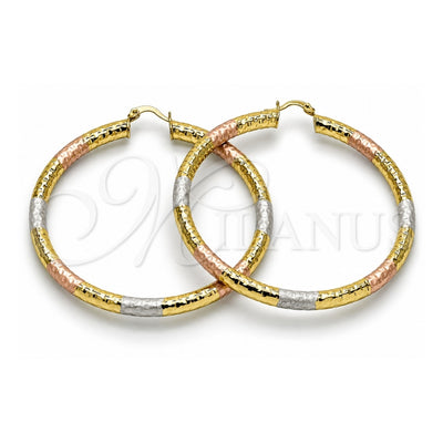 Oro Laminado Extra Large Hoop, Gold Filled Style Hollow Design, Diamond Cutting Finish, Tricolor, 02.213.0759.1.70