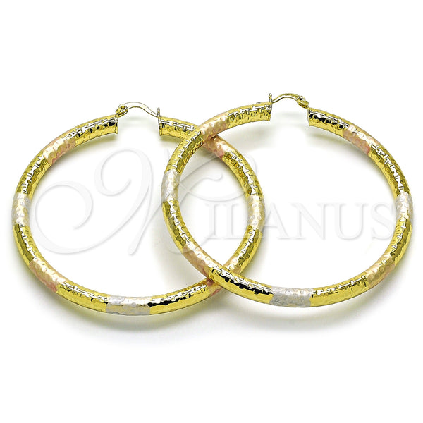 Gold Filled Hoop Earrings — Extra Large Hoop Hollow Design Diamond Cutting Tricolor — main product view — SKU 159410 | Oro Laminado aretes de aro — Extra Large Hoop Hollow diseño Diamond Cutting Tricolor — SKU 159410