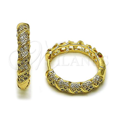 Oro Laminado Huggie Hoop, Gold Filled Style Twist Design, with White Micro Pave, Polished, Golden Finish, 02.283.0240.25