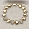 Oro Laminado Tennis Bracelet, Gold Filled Style Heart Design, with White Micro Pave, Polished, Golden Finish, 03.283.0467.07 (11 MM Thickness, 7 Inches Length)