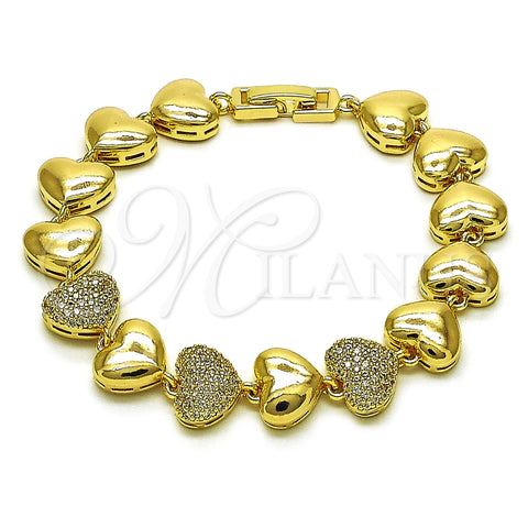 Oro Laminado Tennis Bracelet, Gold Filled Style Heart Design, with White Micro Pave, Polished, Golden Finish, 03.283.0467.07 (11 MM Thickness, 7 Inches Length)