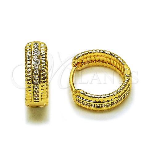 Oro Laminado Huggie Hoop, Gold Filled Style Twist Design, with White Cubic Zirconia, Polished, Golden Finish, 02.283.0243.20