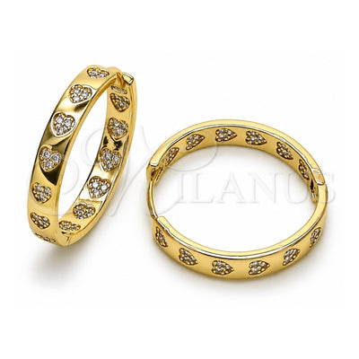 Oro Laminado Huggie Hoop, Gold Filled Style Heart Design, with White Micro Pave, Polished, Golden Finish, 02.204.0057.30