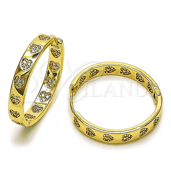 Gold Filled Hoop Earrings — Huggie Hoop Heart Design with White Micro Pave — main product view — SKU 159435 | Oro Laminado aretes de aro — Huggie Hoop corazón diseño with blanco Micro Pave — SKU 159435
