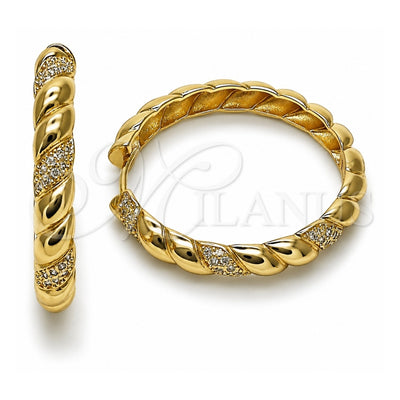Oro Laminado Huggie Hoop, Gold Filled Style Twist Design, with White Cubic Zirconia, Polished, Golden Finish, 02.204.0060.40
