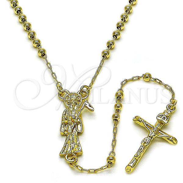 Oro Laminado Thin Rosary, Gold Filled Style Santa Muerte and Crucifix Design, Polished, Golden Finish, 09.213.0053.18
