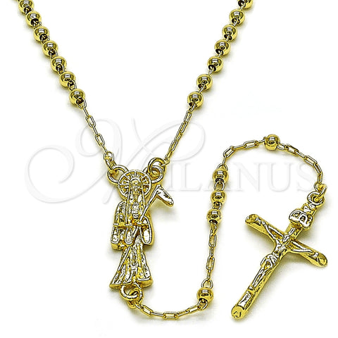 Oro Laminado Thin Rosary, Gold Filled Style Santa Muerte and Crucifix Design, Polished, Golden Finish, 09.213.0053.18