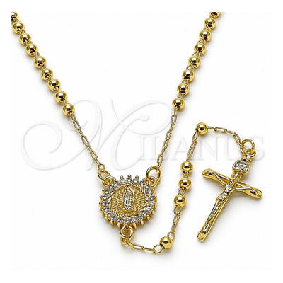 Oro Laminado Thin Rosary, Gold Filled Style Guadalupe and Crucifix Design, with White Cubic Zirconia, Polished, Golden Finish, 09.213.0055.18