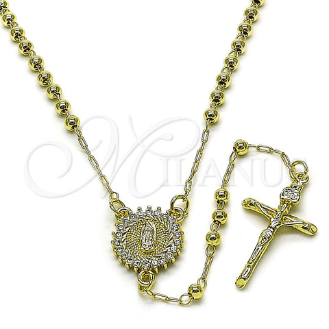 Oro Laminado Thin Rosary, Gold Filled Style Guadalupe and Crucifix Design, with White Cubic Zirconia, Polished, Golden Finish, 09.213.0055.18