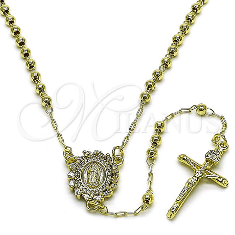 Oro Laminado Thin Rosary, Gold Filled Style Guadalupe and Crucifix Design, with White Cubic Zirconia, Polished, Golden Finish, 09.213.0056.18