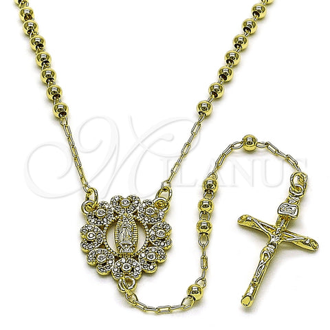 Oro Laminado Thin Rosary, Gold Filled Style Guadalupe and Crucifix Design, with White Micro Pave, Polished, Golden Finish, 09.213.0057.18