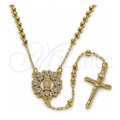 Oro Laminado Thin Rosary, Gold Filled Style Guadalupe and Crucifix Design, with White Micro Pave, Polished, Golden Finish, 09.213.0057.18