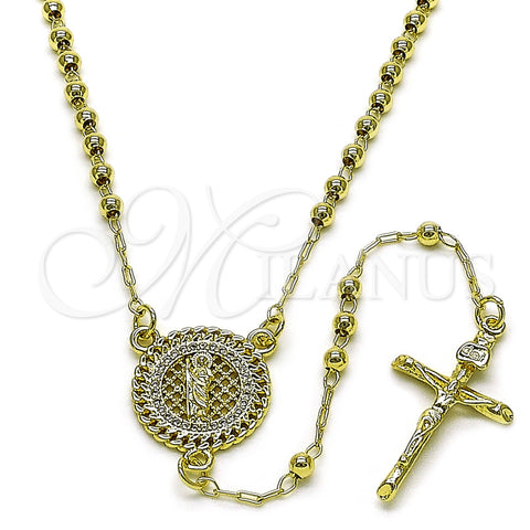 Oro Laminado Thin Rosary, Gold Filled Style San Judas and Crucifix Design, with White Micro Pave, Polished, Golden Finish, 09.213.0058.18
