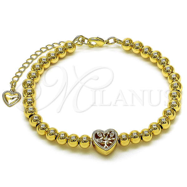 Oro Laminado Individual Bangle, Gold Filled Style Heart and Ball Design, with White Micro Pave, Polished, Golden Finish, 07.170.0049.04