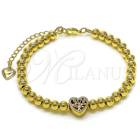 Oro Laminado Individual Bangle, Gold Filled Style Heart and Ball Design, with White Micro Pave, Polished, Golden Finish, 07.170.0049.04