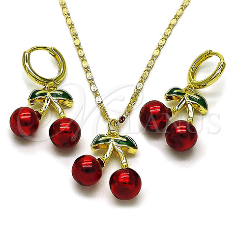 Oro Laminado Earring and Pendant Adult Set, Gold Filled Style Cherry Design, Red Enamel Finish, Golden Finish, 10.411.0008