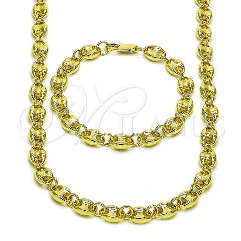 Oro Laminado Necklace and Bracelet, Gold Filled Style Puff Mariner Design, Polished, Golden Finish, 06.213.0030