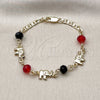 Oro Laminado Fancy Bracelet, Gold Filled Style Elephant Design, with Garnet and Black Crystal, Polished, Golden Finish, 03.213.0043.06