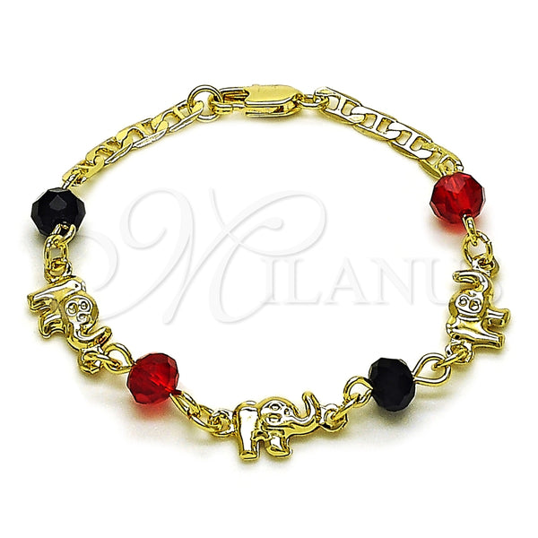 Oro Laminado Fancy Bracelet, Gold Filled Style Elephant Design, with Garnet and Black Crystal, Polished, Golden Finish, 03.213.0043.06