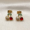 Oro Laminado Stud Earring, Gold Filled Style Cherry Design, with Ruby Cubic Zirconia and White Micro Pave, Polished, Golden Finish, 02.283.0254