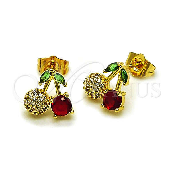 Oro Laminado Stud Earring, Gold Filled Style Cherry Design, with Ruby Cubic Zirconia and White Micro Pave, Polished, Golden Finish, 02.283.0254